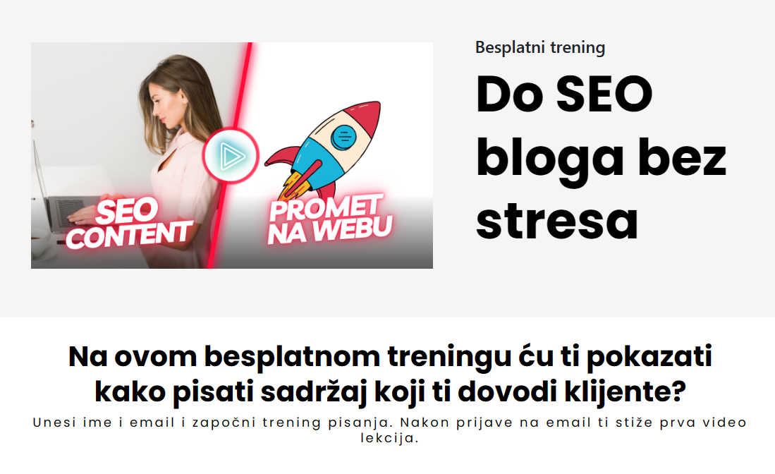 Prodajna stranica za besplatni trening "Do SEO bloga bez stresa"