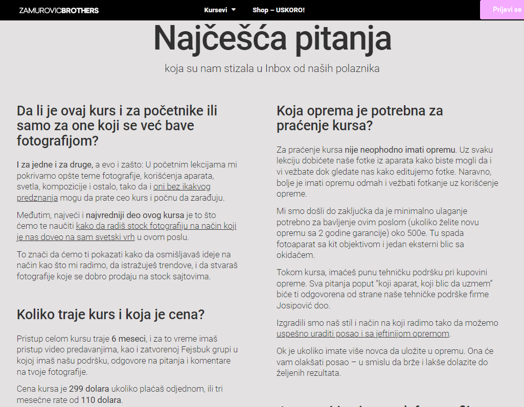 Česta pitanja ili FAQ na landing stranici