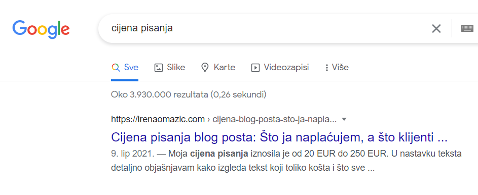 cijena pisanja rezultat Google