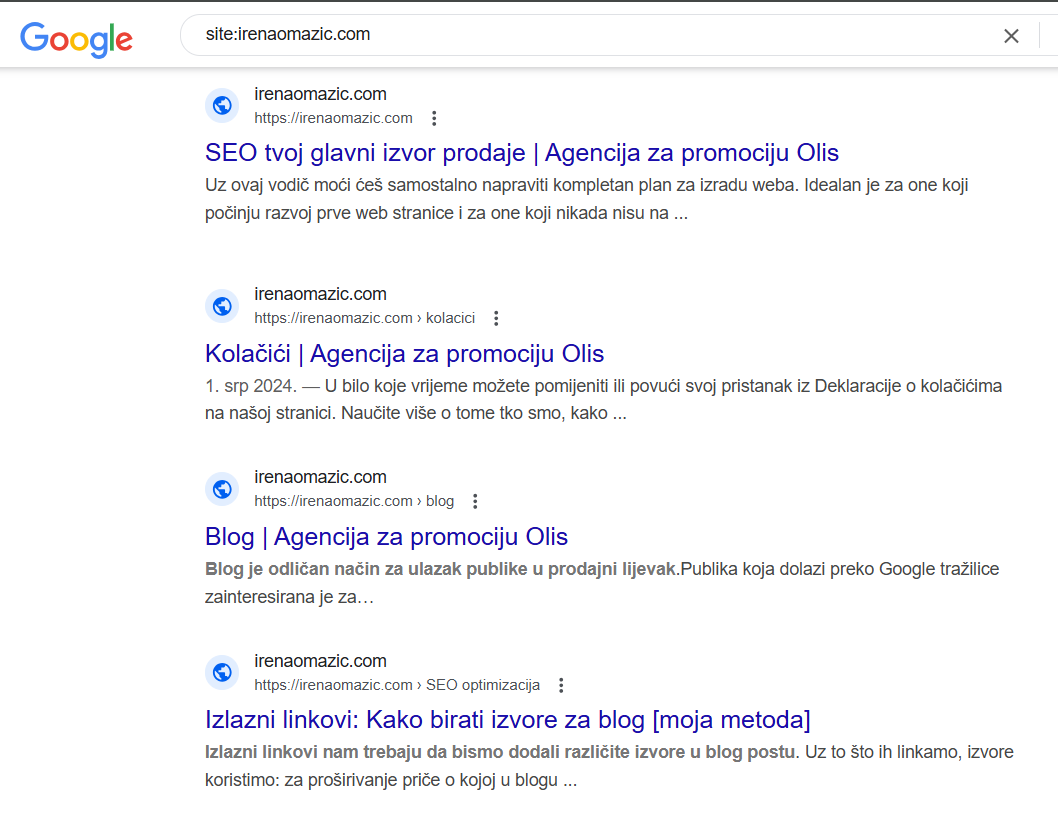 Primjer provjere indeksiranih stranica na jednom webu
