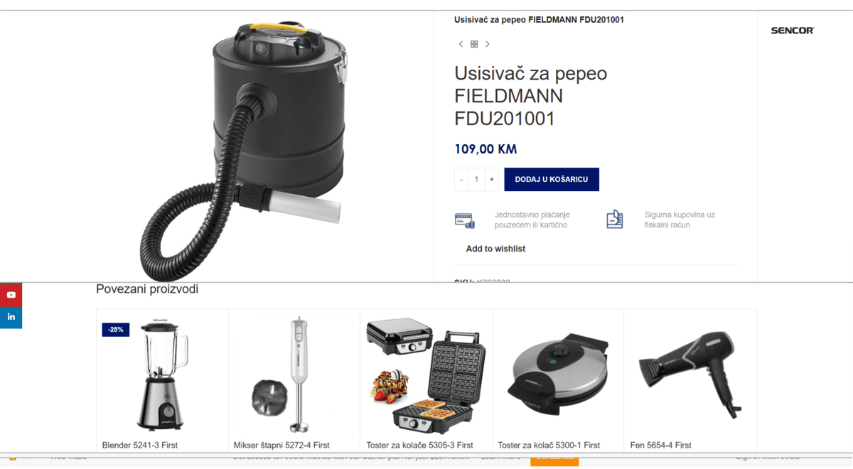 Screenshot jednog web shopa iz BiH s prikazom loših internih linkova povezanih proizvoda