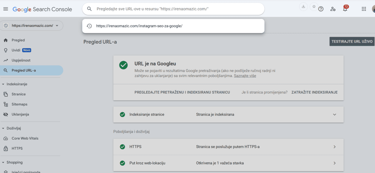Primjer kako zatražiti manualno indeksiranje URL-a u Google Search Console