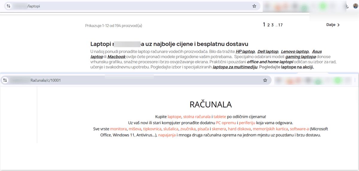 Screenshot kategorije proizvoda web shopa iz BiH i web shopa iz Hrvatske, te prikaz internog linkanja